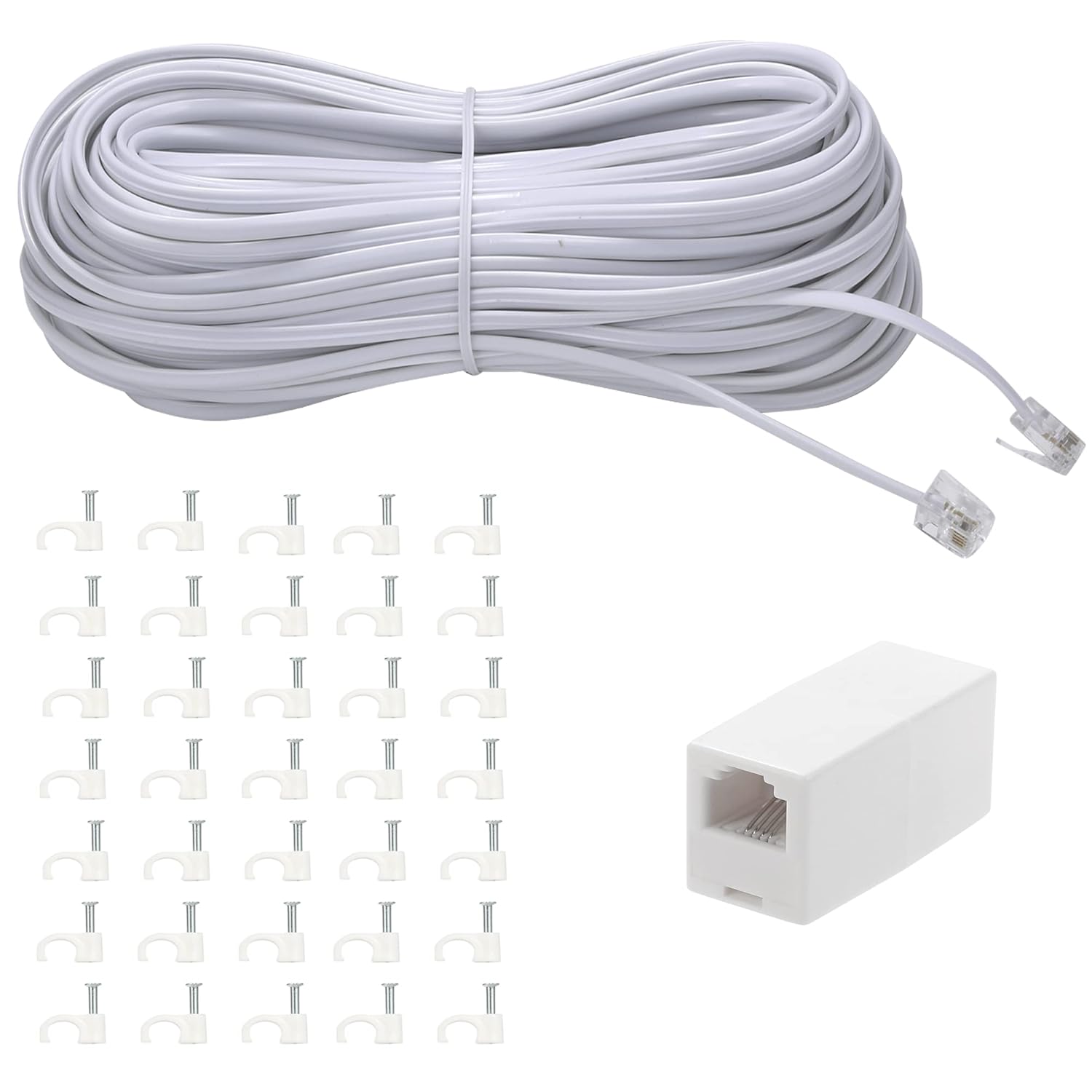 Cable de extensión de teléfono de 100 pies de largo, con enchufe RJ11 estándar y 1 acoplador en línea y 35 soportes de clip para cables, color blanco