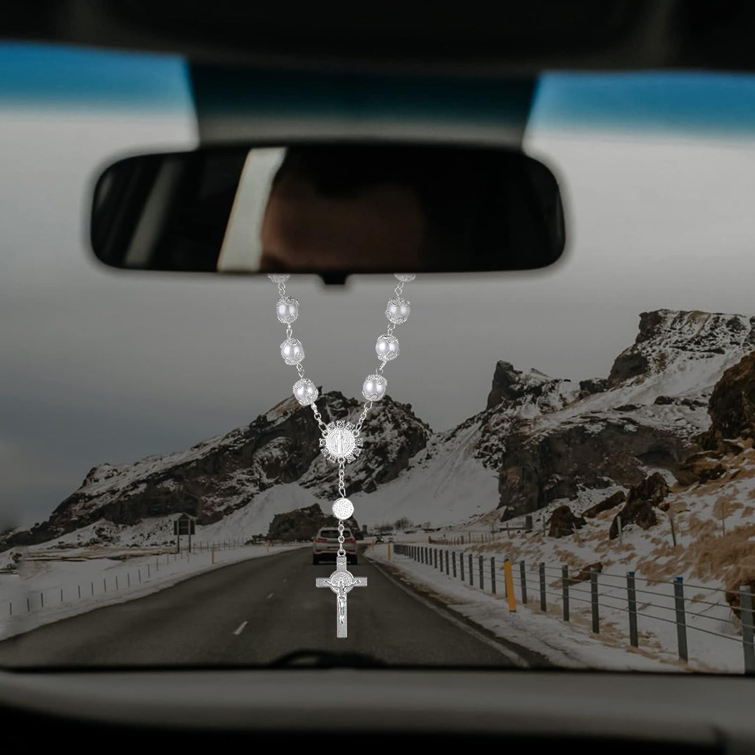 2 piezas de rosario de coche para espejo retrovisor, espejo retrovisor, cuentas de rosario automático, medalla de coche y accesorios colgantes de