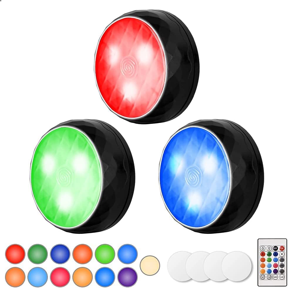 NARUNDREN Puck Lights with Remote,13 Colors Changeable LED Under Cabinet Lighting Push Lights, Battery Powered Closet Lights,Timer Stick on Lights