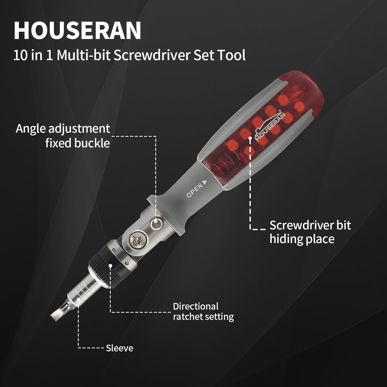 HOUSERAN – Destornillador de trinquete, juego de destornilladores de trinquete 10 en 1, destornillador de precisión de ajuste de 90 grados,