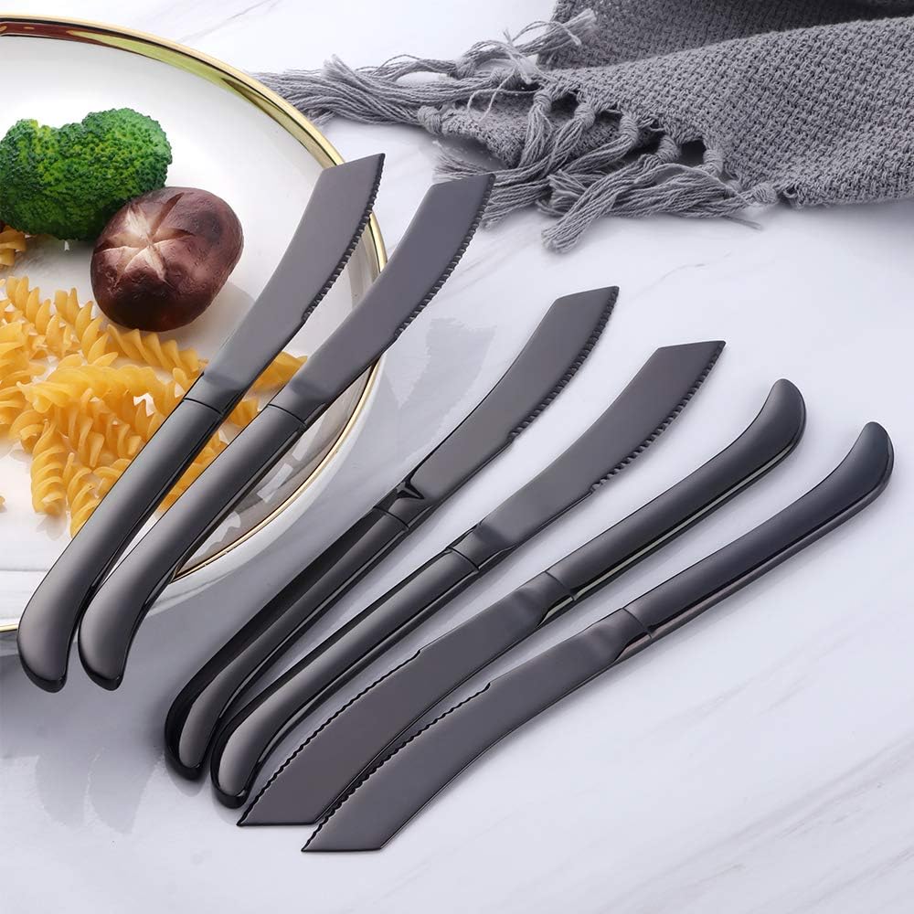 Bisda Juego de cuchillos para carne, cuchillos de cocina de acero inoxidable dentado de alta calidad, juego de 6, aptos para lavavajillas (negro)