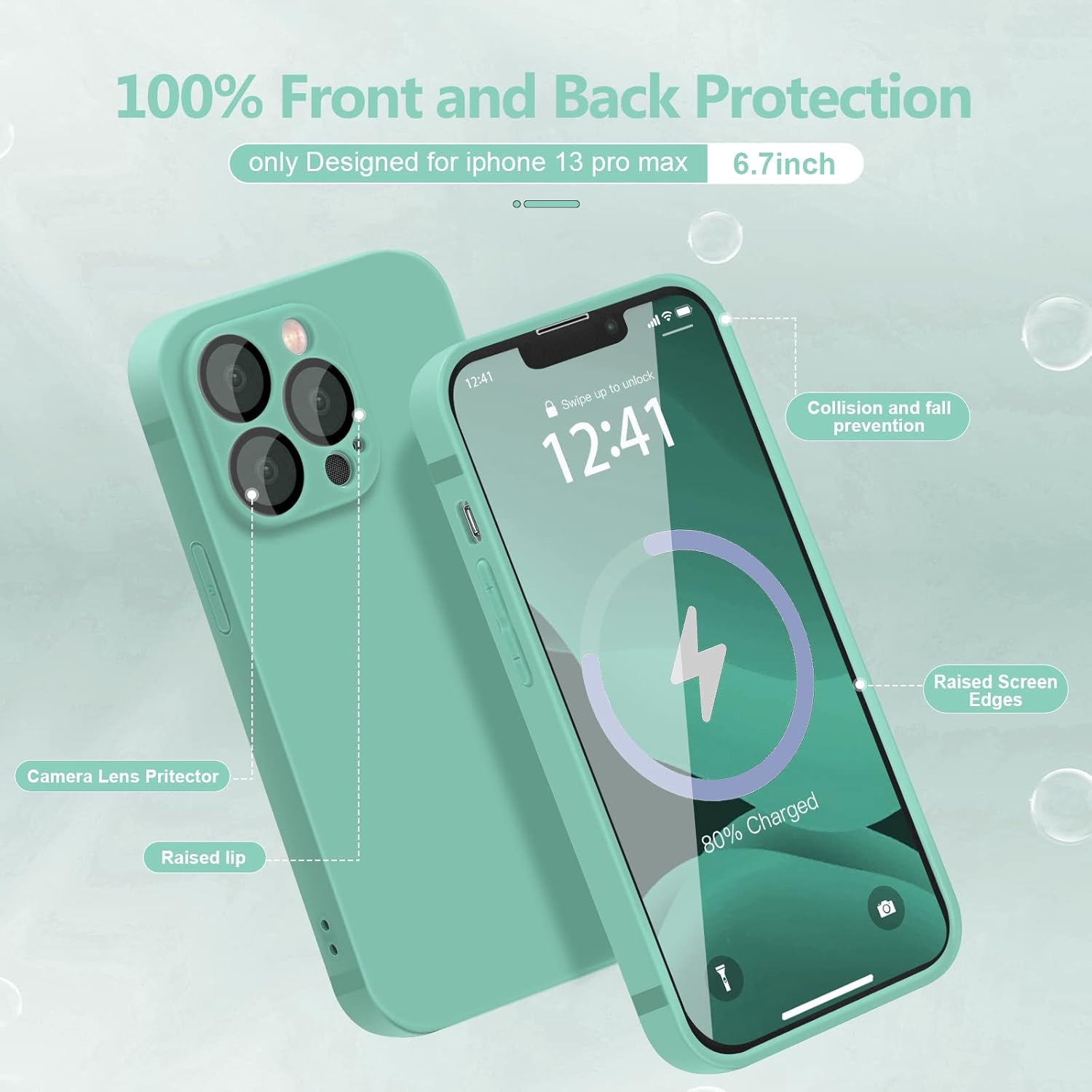 YZR Funda de silicona compatible con iPhone 13 Pro Max (6.7 pulgadas 2021), con protección de cámara, funda de silicona líquida para teléfono (cian