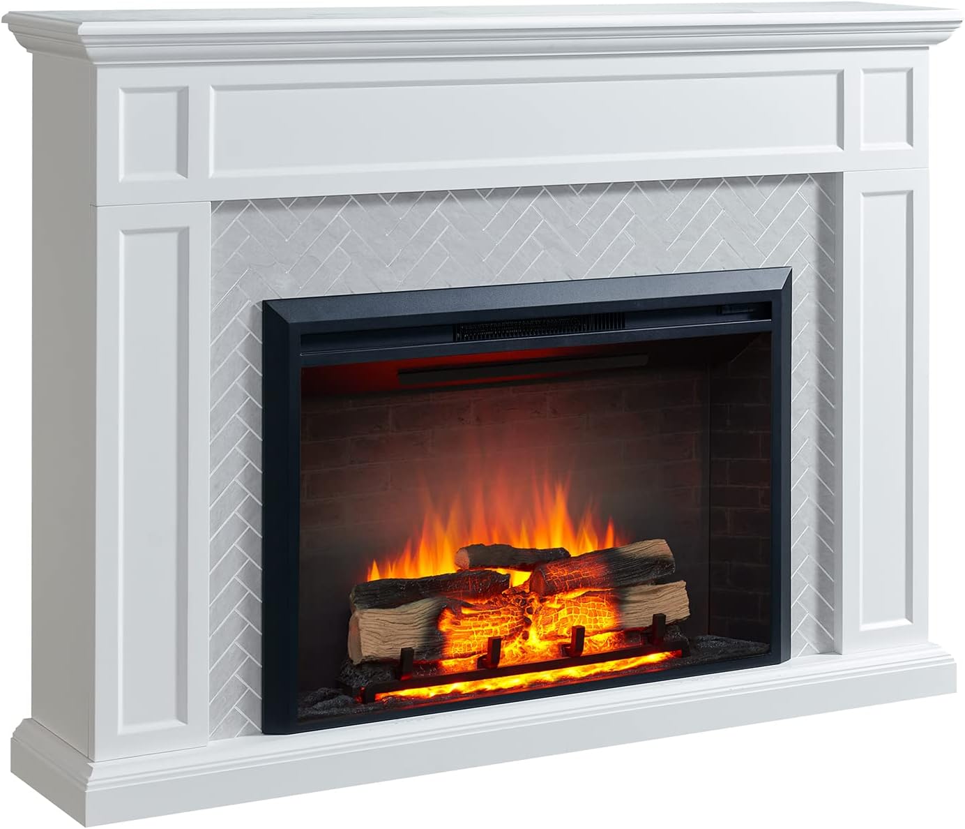 LegendFlame Hailey – Chimenea eléctrica con mantel envolvente de 65 pulgadas e inserto Carl de 39 pulgadas, color blanco crema con acabado de