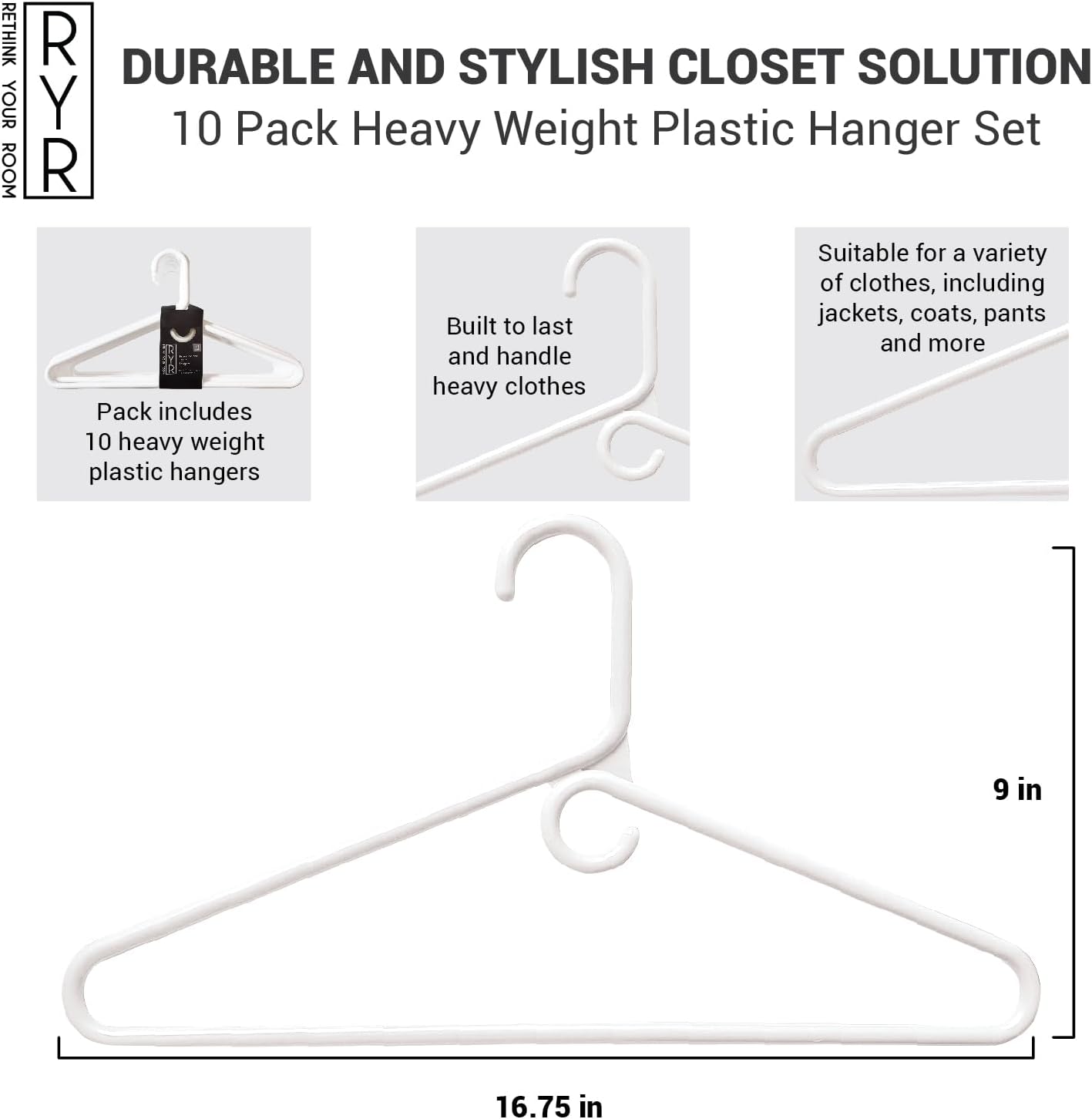 Paquete de 10 perchas de plástico pesadas, solución duradera y que ahorra espacio, esenciales para el hogar, ideal para la organización del armario,
