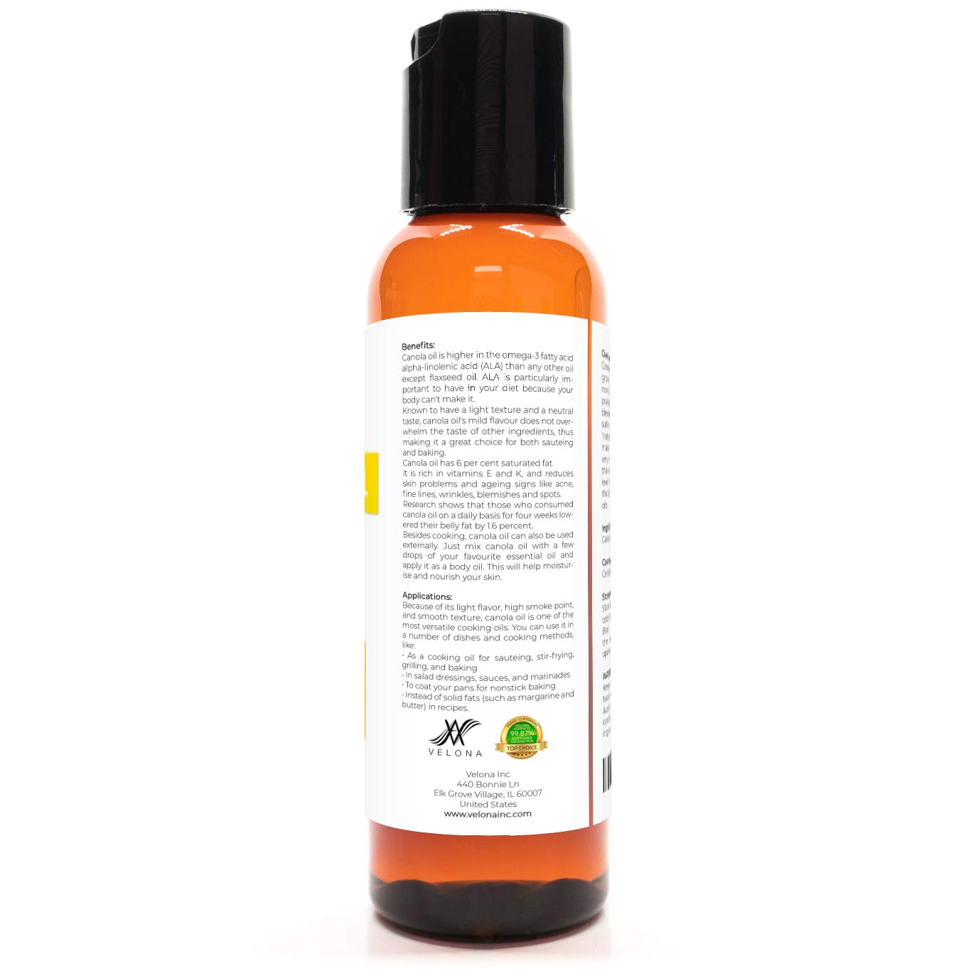velona Aceite de semilla de canola de 2 onzas  Aceite portador 100% puro y natural  Refinado, prensado con expulsor  Cocina, aderezo, piel, cara,