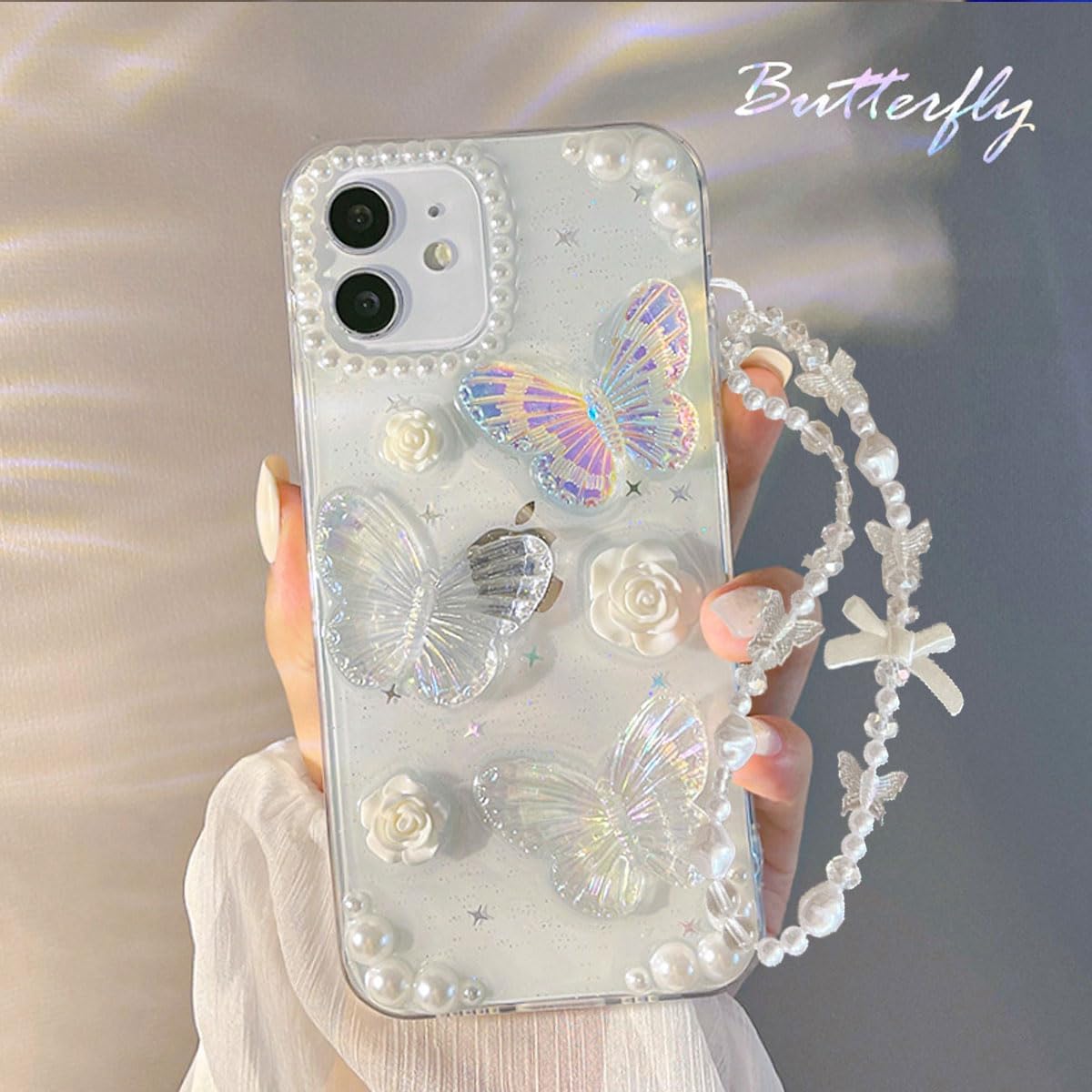 Funda transparente con purpurina para iPhone 15, bonita funda de silicona suave para mujeres y niñas, diseño de mariposas 3D, con perlas de cristal,