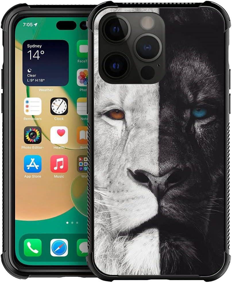 CARLOCA Funda compatible con iPhone 14 Pro, funda de león blanco y negro para iPhone 14 Pro para hombres y niños, funda de TPU suave antiarañazos