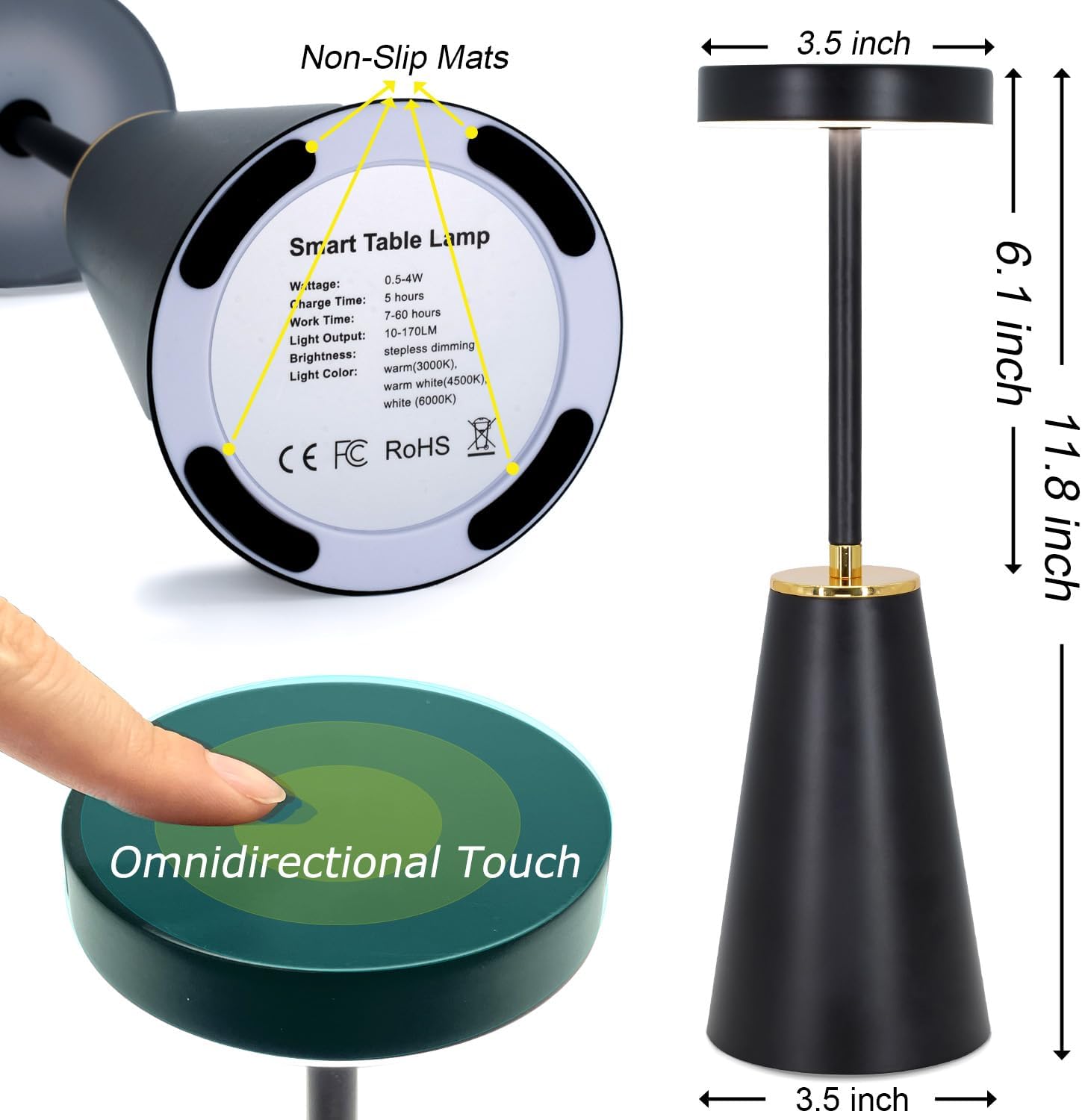Lámpara de mesa inalámbrica para oficina en casa, lámpara de escritorio LED táctil, funciona con pilas, lámparas de noche recargables regulables