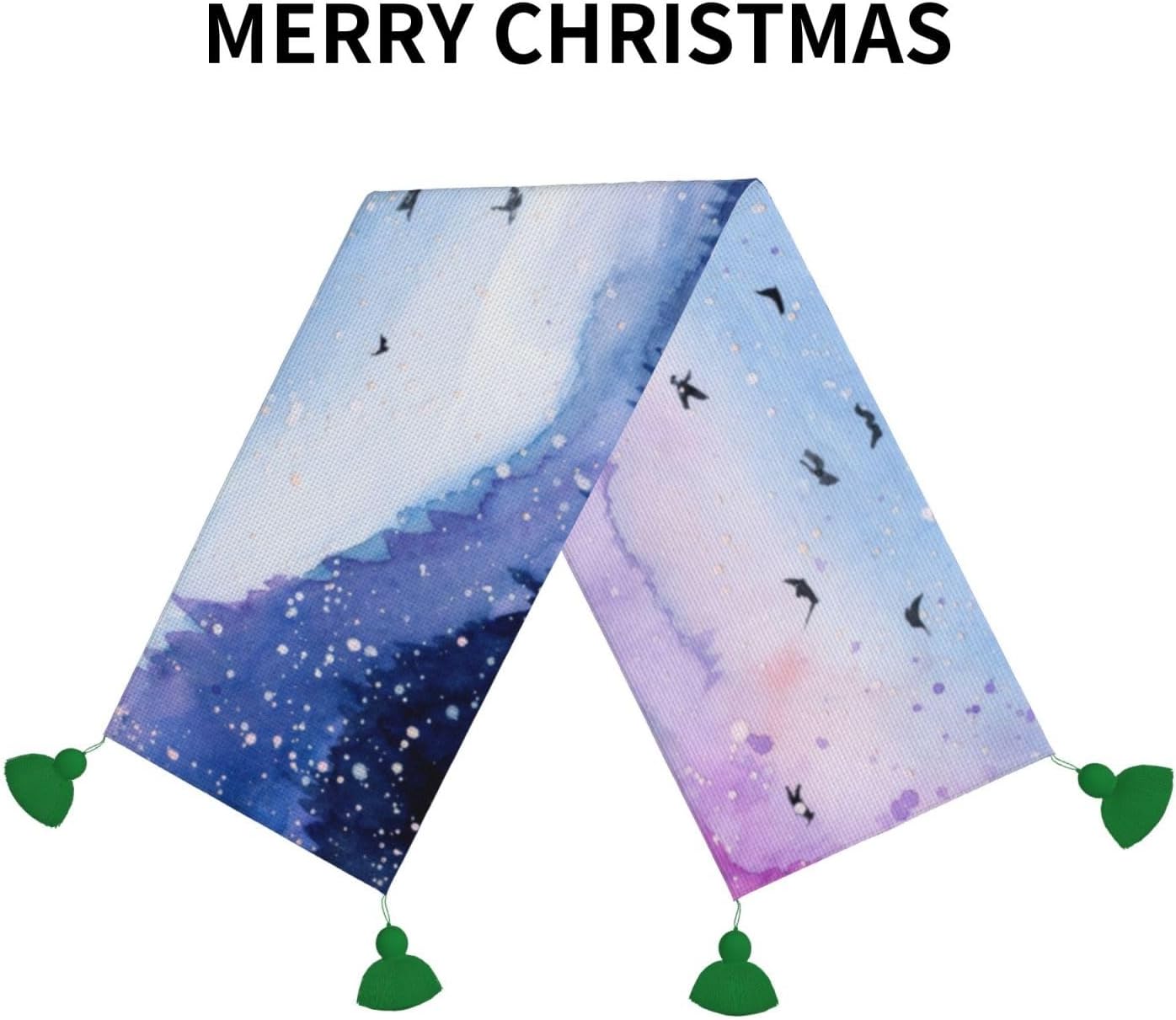 Camino de mesa de Navidad con paisaje de acuarela, decoración de mesa de comedor, decoración de Navidad, decoración de interiores del hogar, caminos