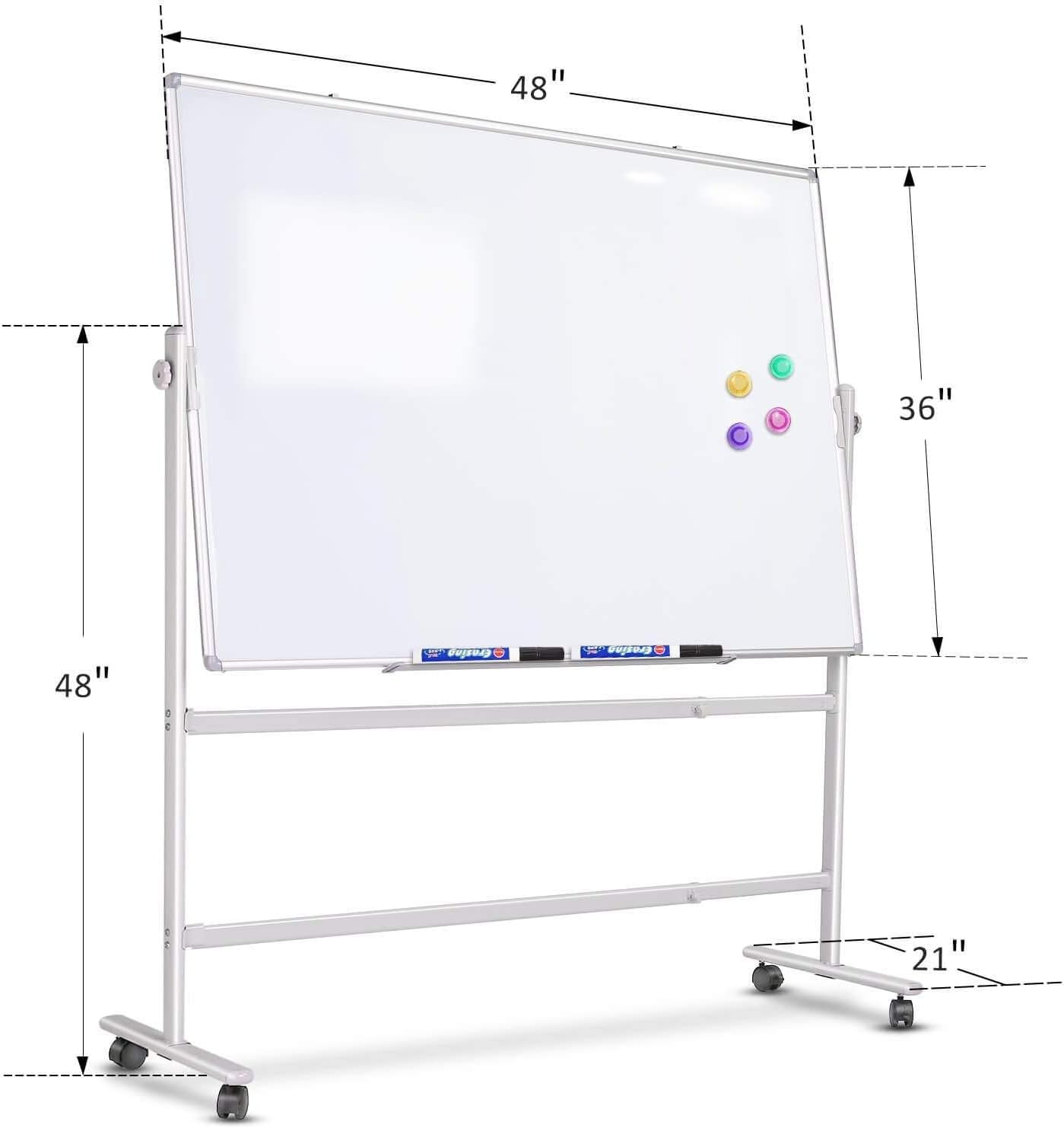 Pizarra blanca móvil de 48 x 36 pulgadas, pizarra magnética de borrado en seco de doble cara, soporte rodante grande portátil sobre ruedas, oficina,