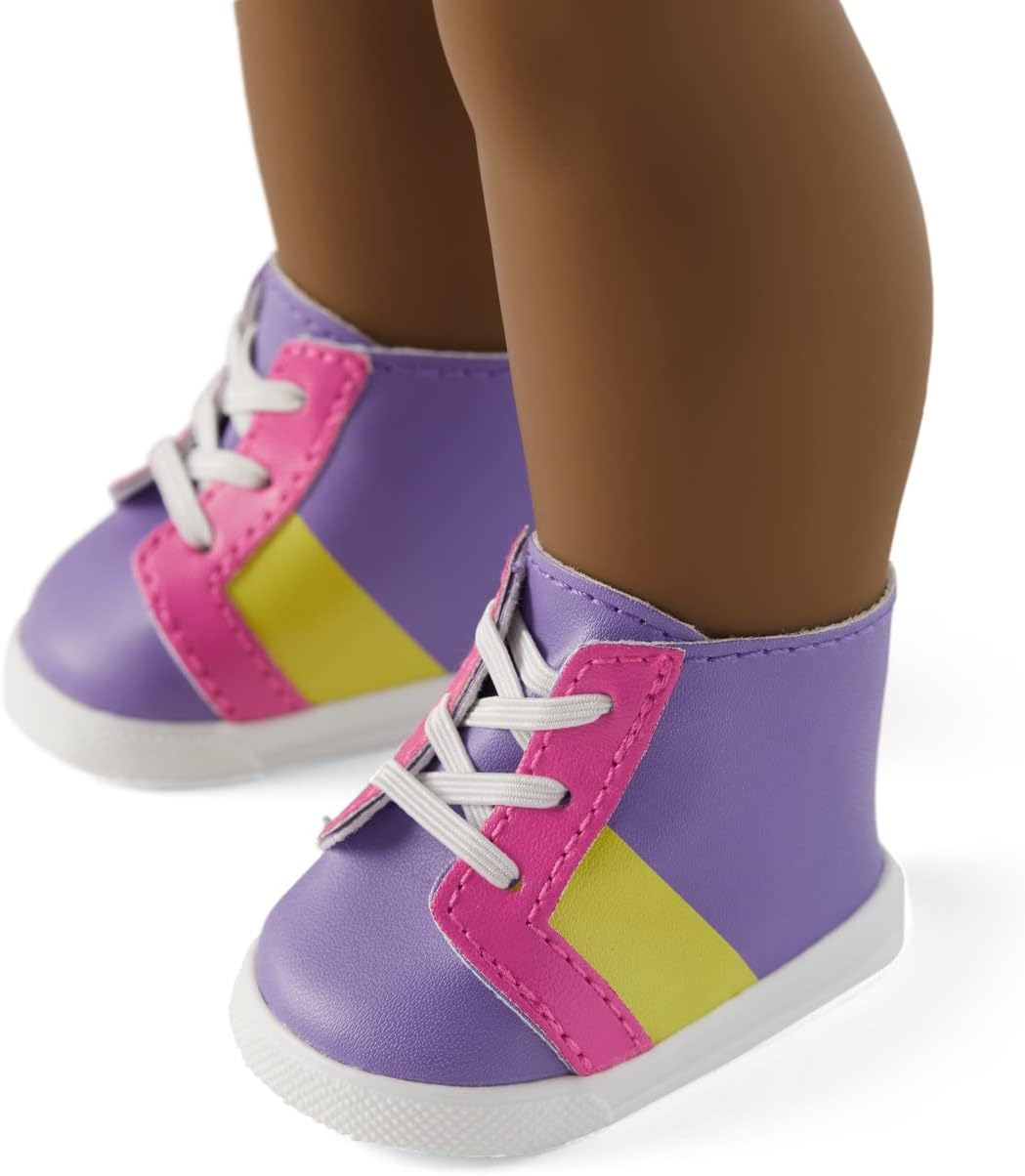 American Girl Truly Me – Muñeca #114 de 18 pulgadas con ojos marrones, sin pelo, piel profunda, vestido de camiseta estampado morado, para mayores