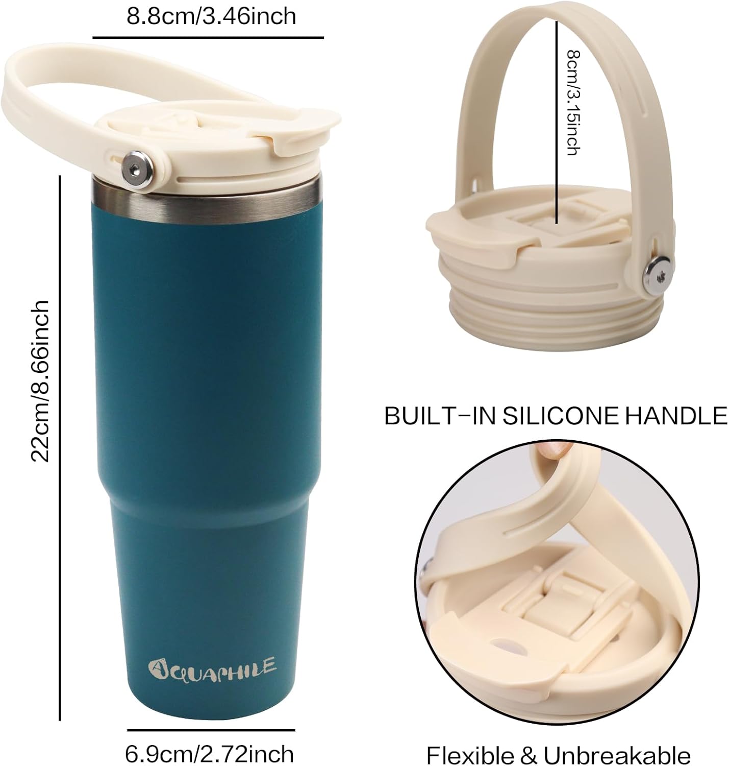 Vaso de café de 30 onzas con asa, vaso de café aislado con tapa 2 en 1 a prueba de fugas y popote, taza de café aislada al vacío de doble pared,