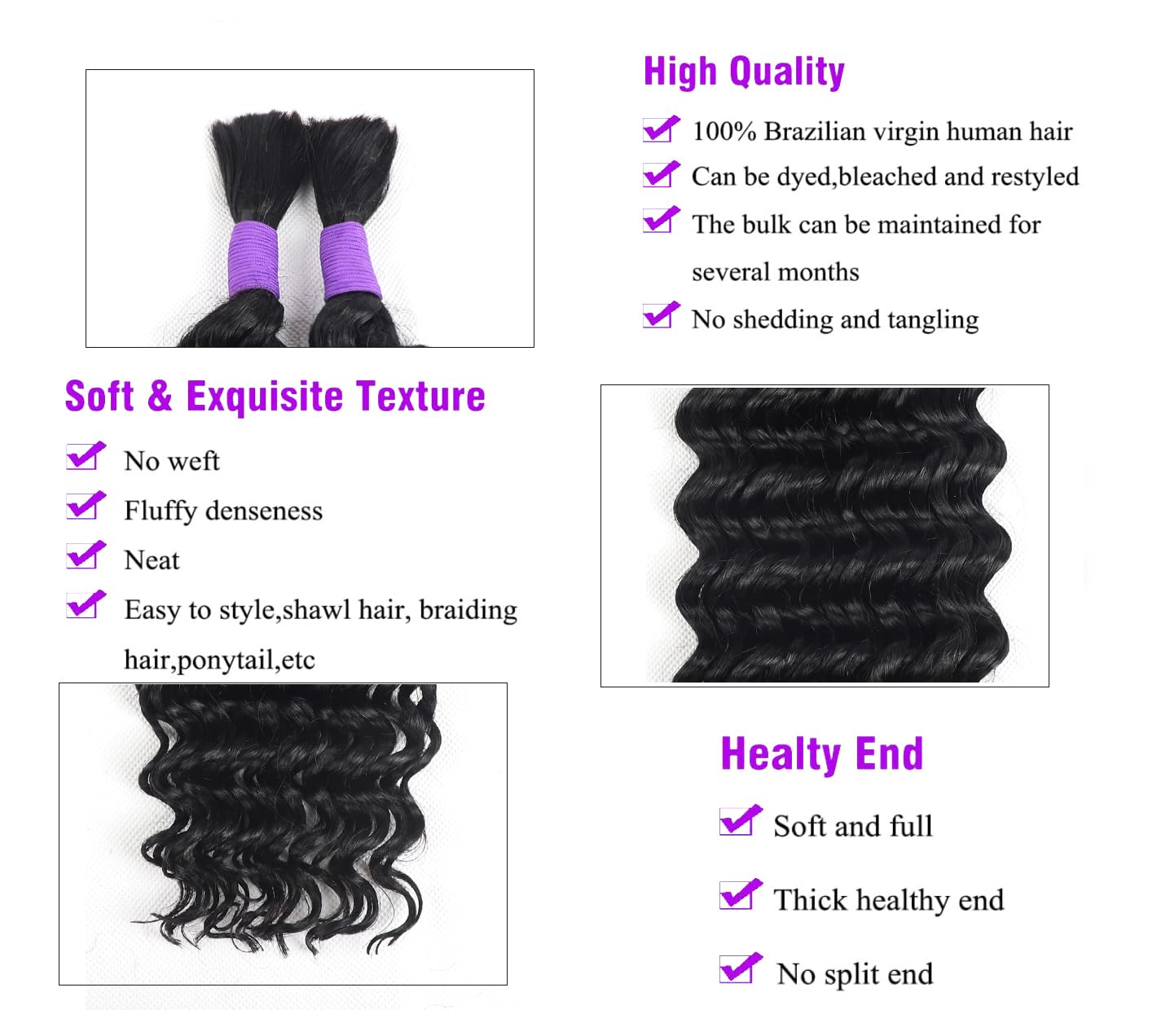 RLHAIR Cabello humano trenzado de onda profunda, cabello humano a granel para trenzar, sin trama, 3.53 oz (1 paquete, 2 paquetes), 100% cabello
