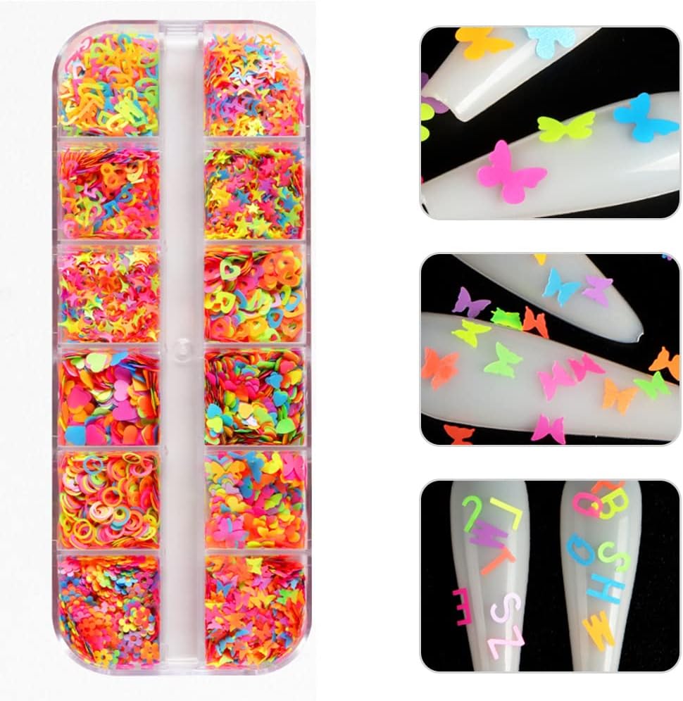 BAIWANLCH 1 caja de uñas de lentejuelas fluorescentes para uñas, residuos de uñas con purpurina de uñas con 12 patrones para mujeres, diseño de arte