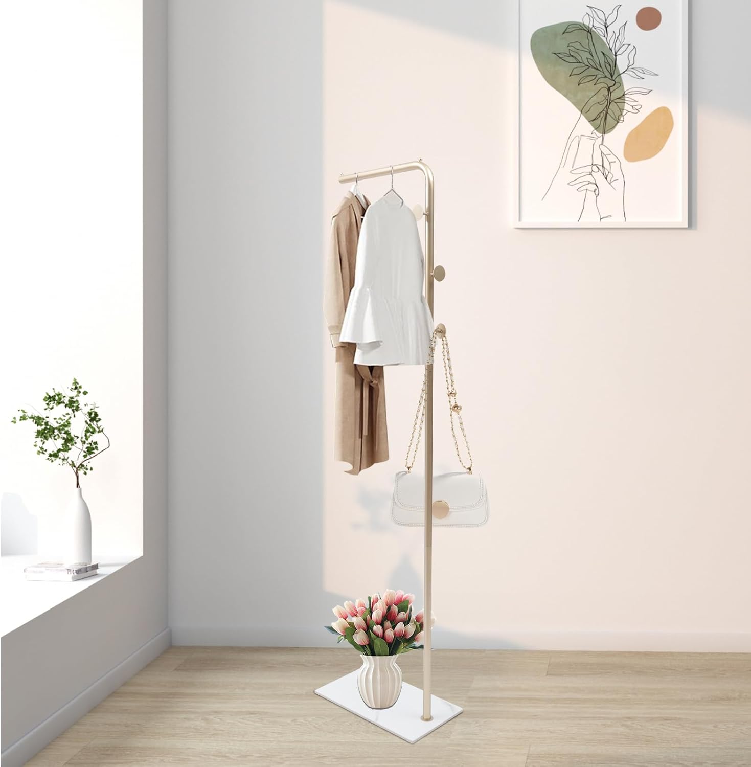 Perchero de metal independiente con base de mármol natural, soporte para colgar ropa de entrada con 3 ganchos, árbol de pasillo de hotel para el