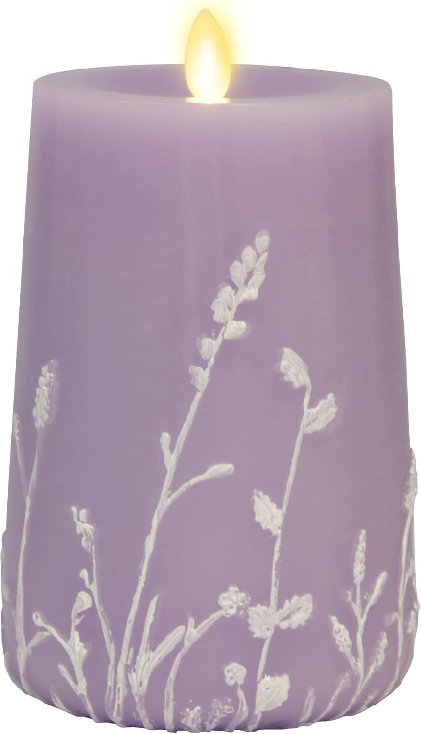 Luminara Pilar LED de vela de llama móvil sin llama, 4 x 6.5 pulgadas, con estampado floral en relieve, sin perfume, temporizador de borde empotrado