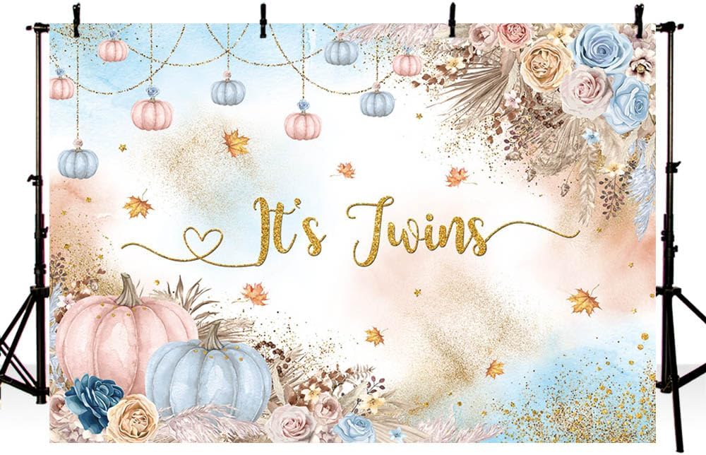 AIBIIN Telón de fondo bohemio de otoño de 7 x 5 pies para fotografía de baby shower con texto en inglés “It’s Twins”, para niños y niñas, color azul