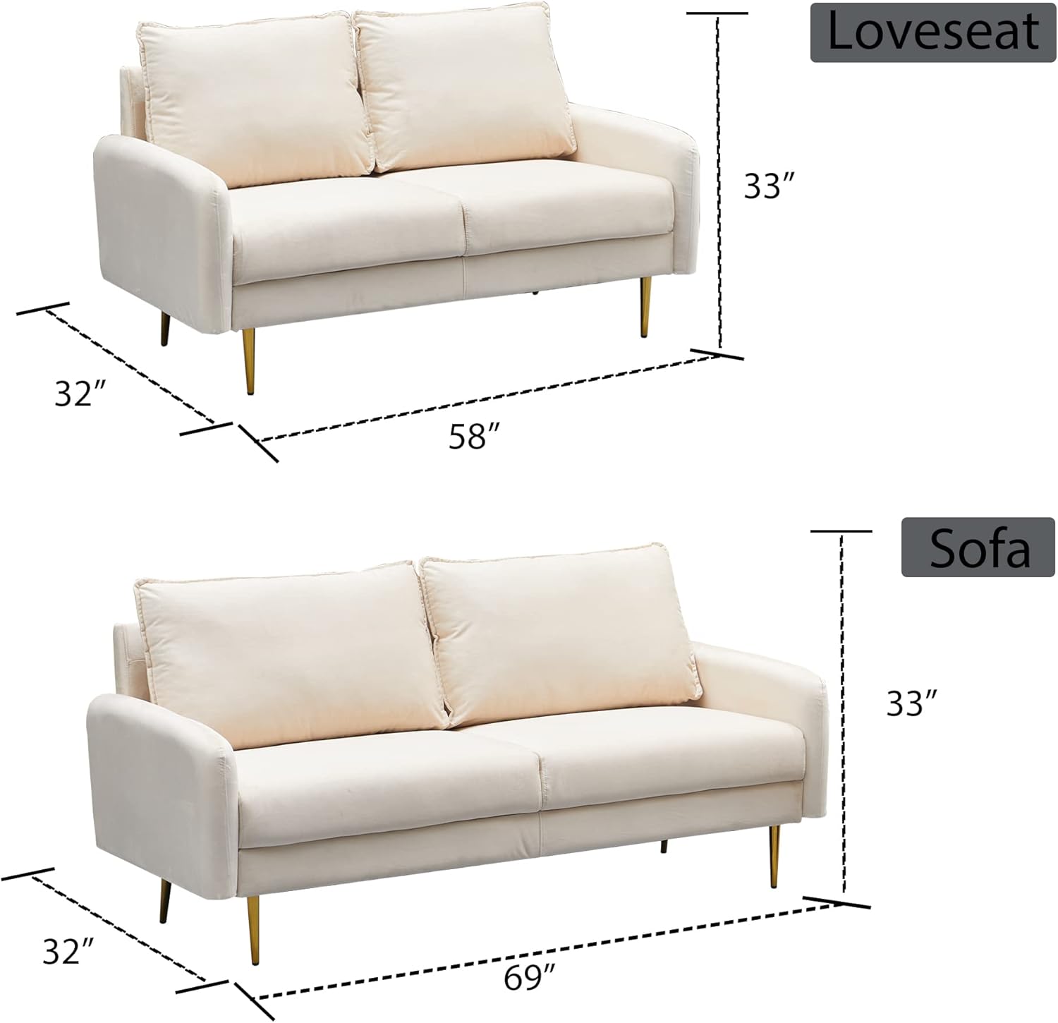 Sofá moderno de terciopelo con patas de metal para sala de estar, oficina, color beige