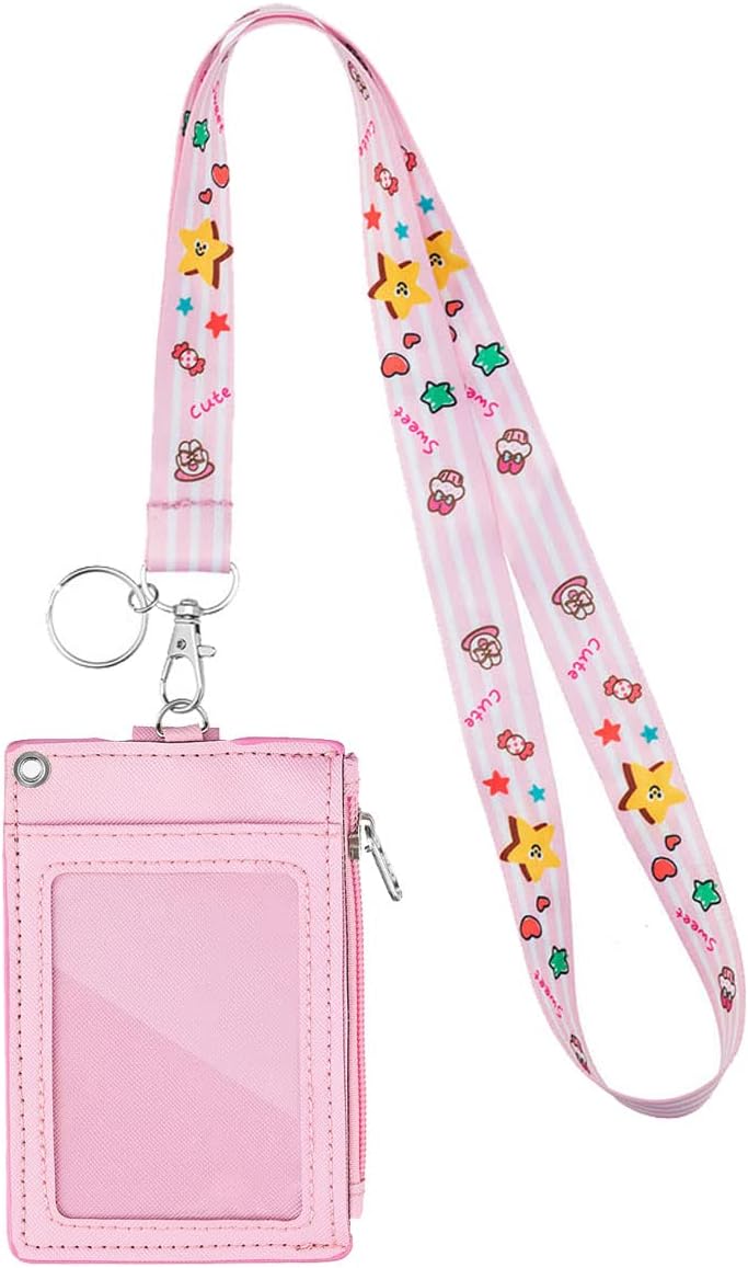 HASFINE Soporte para tarjetas de identificación con cordón, soporte duradero de piel sintética, diseño de conejo de dibujos animados, bolsillo con