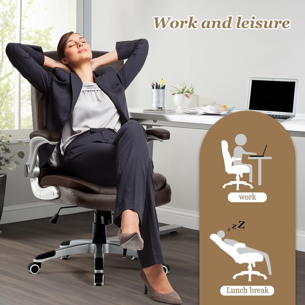 Silla de escritorio ergonómica ejecutiva con reposabrazos abatibles y altura ajustable, 300 libras grande y alta, silla de oficina de cuero