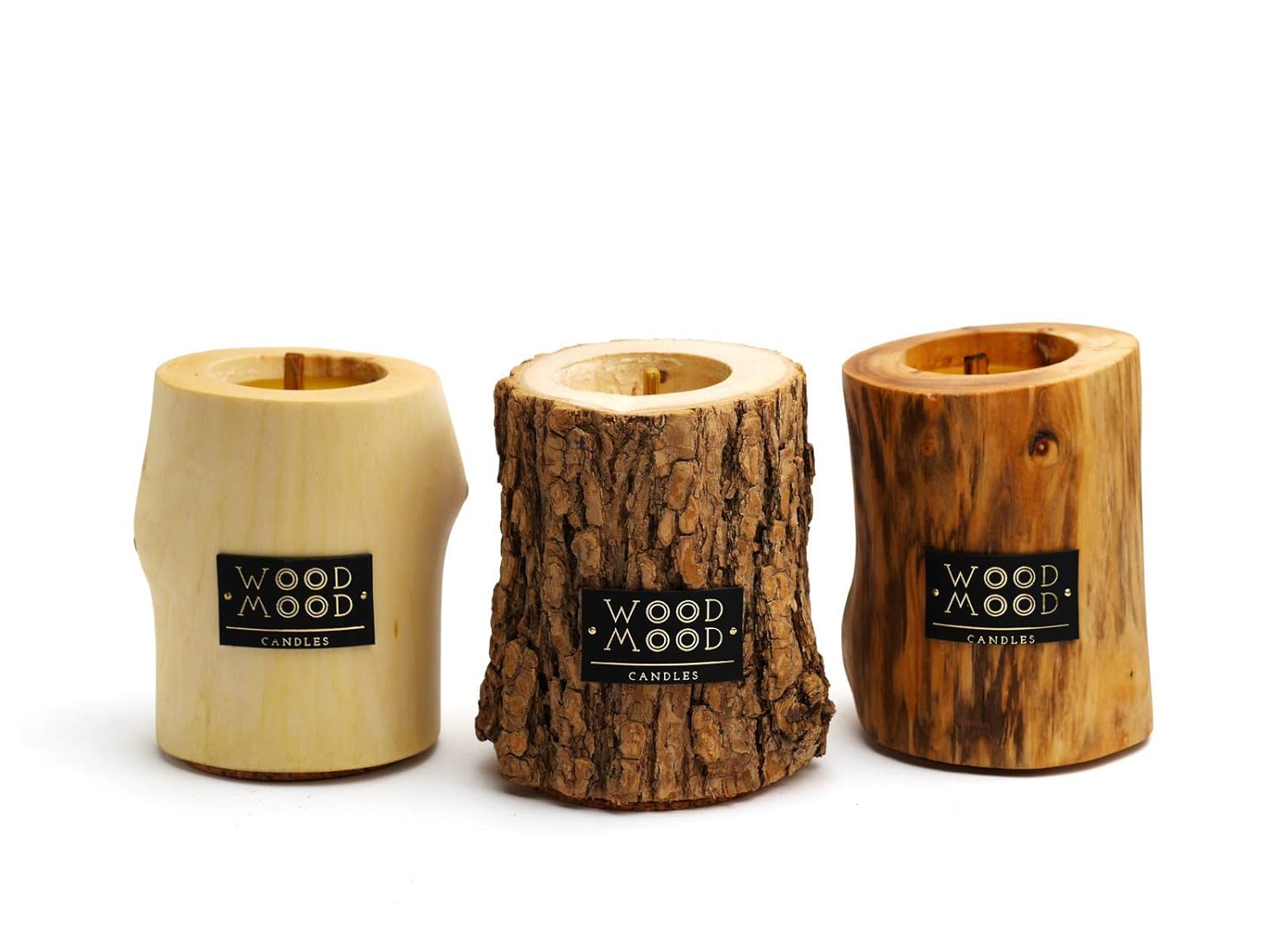 Artisan set of three WOOD MOOD wooden scented candles with beeswax
