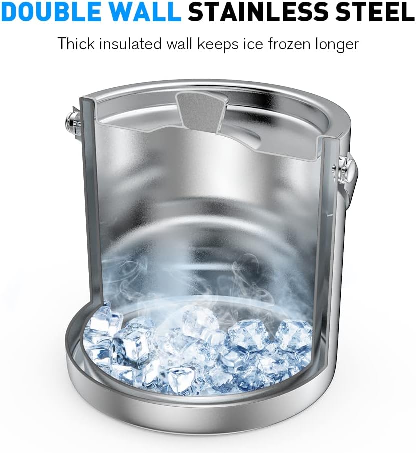 3L Double Wall Stainless Steel Ice Bucket with Lid,Scoop,Tongs, Insulated Ice Bucket for Cocktail Bar and Parties