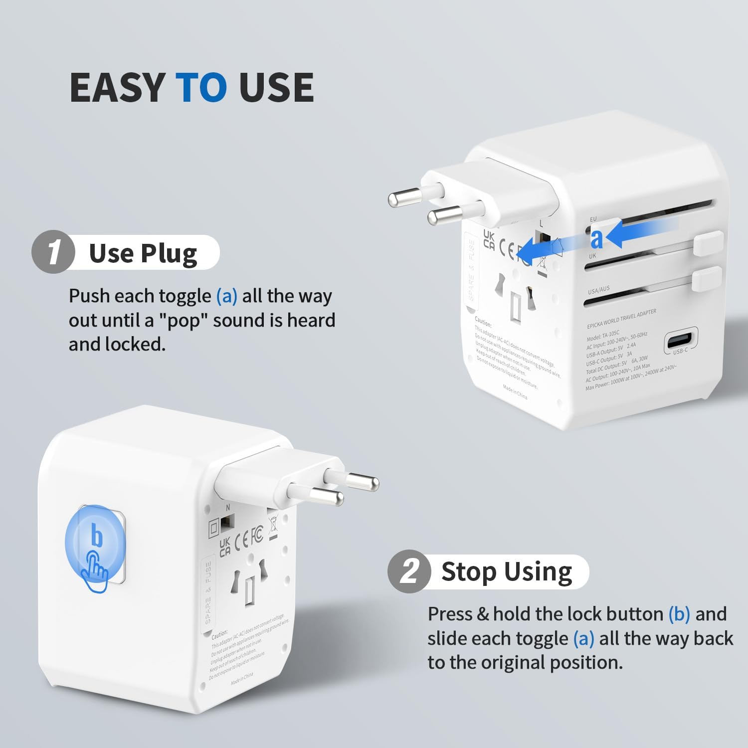 EPICKA Adaptador de viaje universal, adaptador de enchufe de alimentación internacional con 3 puertos USB-C y 2 puertos USB-A, cargador de pared