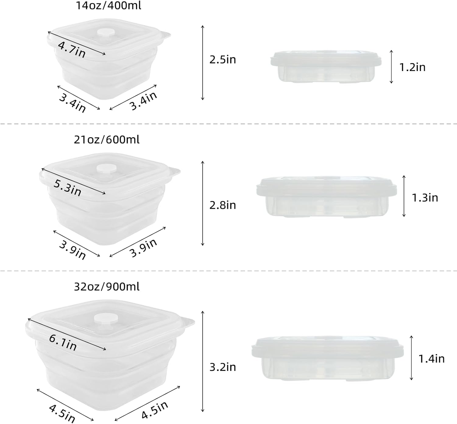 KVK Recipientes plegables de silicona para almacenamiento de alimentos con tapas herméticas de silicona sin bisfenol A (BPA), cuadradas,