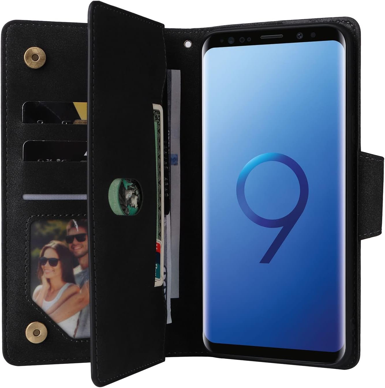 Asuwish Funda de teléfono para Samsung Galaxy S9 Plus Funda tipo cartera y protector de pantalla de vidrio templado, soporte de cuero con tapa para