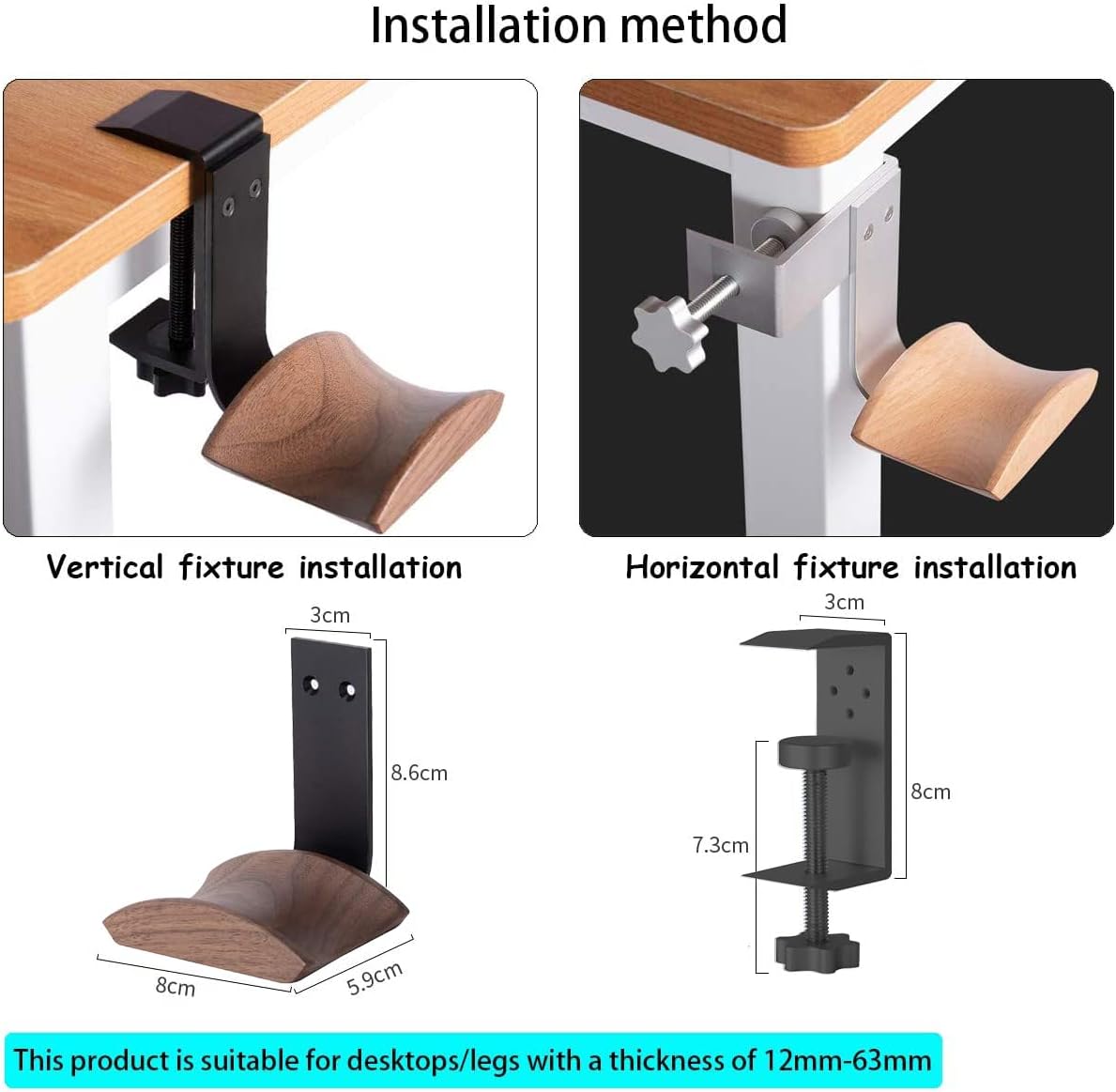 Soporte para auriculares con madera de nogal y metal sólido, soporte para auriculares de diseño ajustable compatible con todos los tamaños de