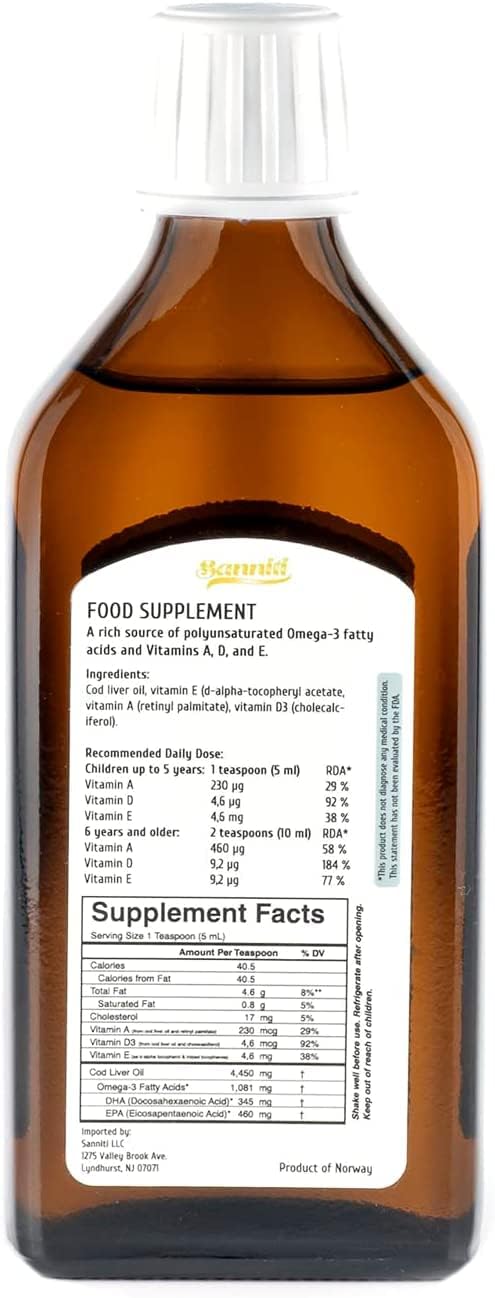 Sanniti Aceite de hígado de bacalao 100% natural, salvaje capturado nórdico, 8.5 fl oz (paquete de 2) (sin sabor)