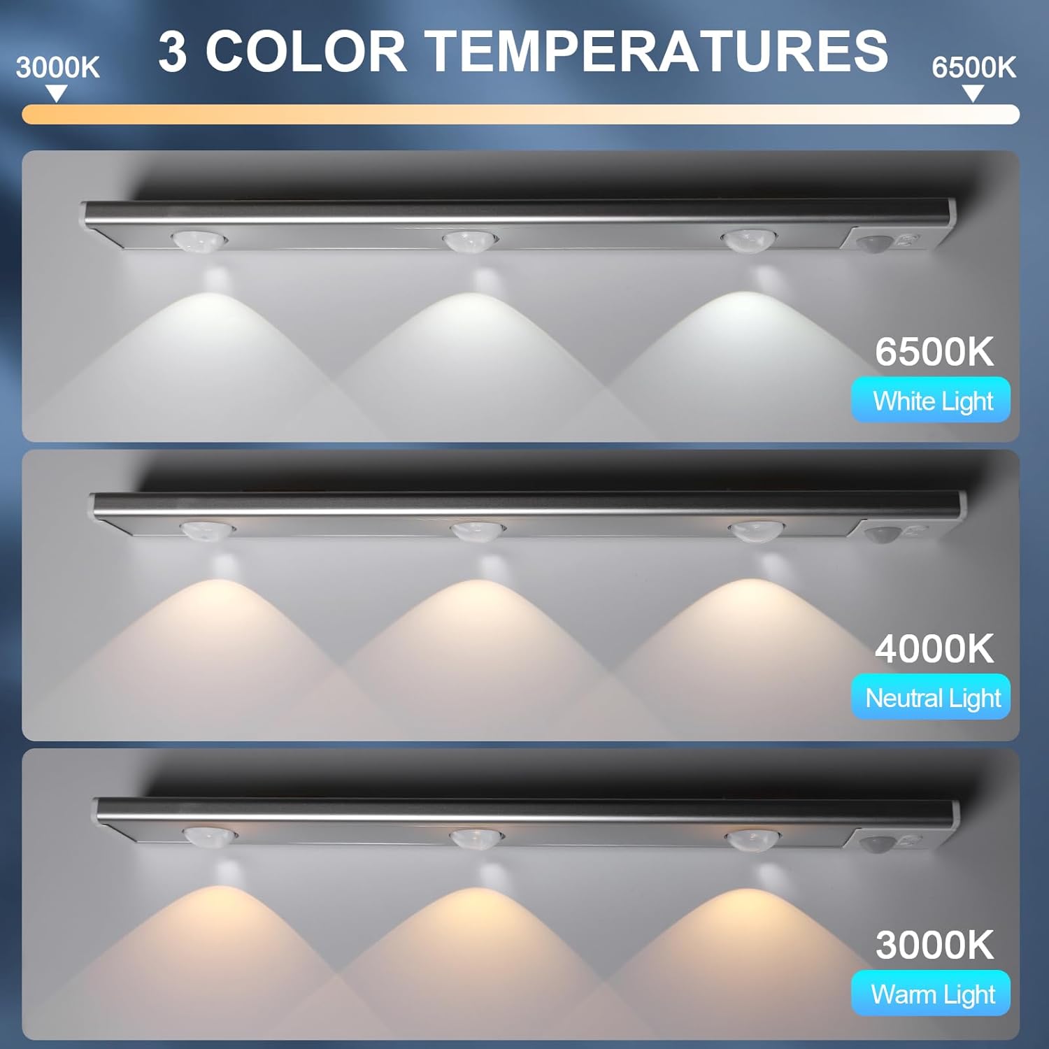 Luz LED para debajo del gabinete, 3 colores, sensor de movimiento, luz de armario, paquete de 2 luces regulables, funciona con pilas, luces para