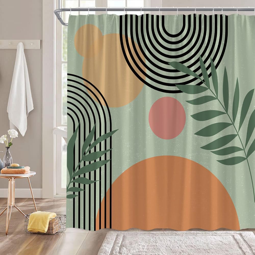 Cortina de ducha moderna de mediados de siglo, color verde salvia, abstracta, retro, geométrica, arco de arco iris, hoja de sol, naranja, neutro,