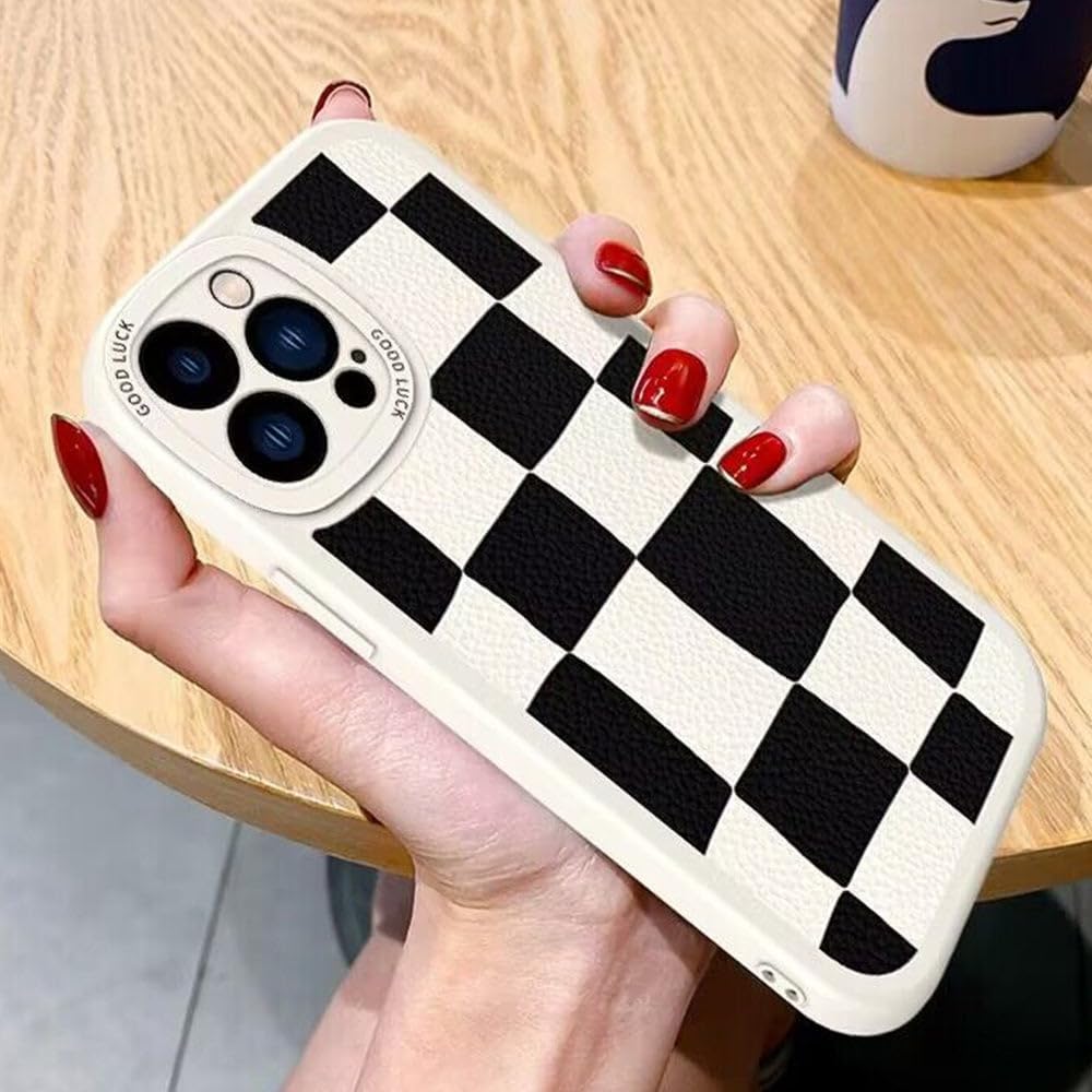 Casechics Funda compatible con iPhone, diseño estético retro clásico a cuadros, tablero de ajedrez a cuadros, protección de lente de cámara, suave a
