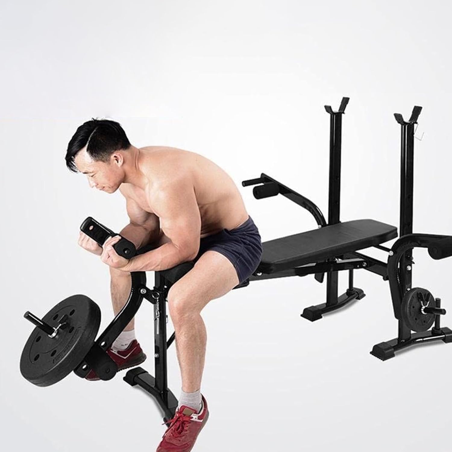 Equipo de entrenamiento de banco de pesas estándar 6 en 1 para gimnasio en casa, entrenamiento de cuerpo completo, juego de prensa de banco, rizo de