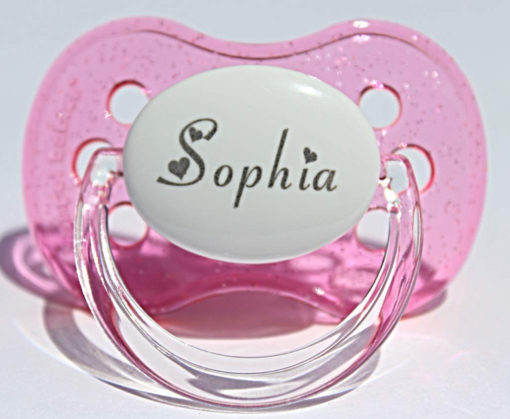 Chupete personalizado con nombre, paquete de 2 unidades con purpurina rosa y blanco, (disponible de 0 a 6 meses y 6 a 18 meses), chupete grabado,
