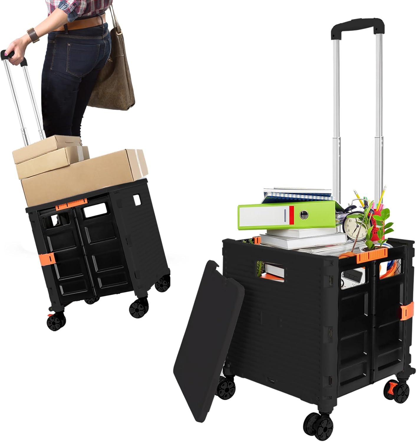 Carrito utilitario de caja rodante, cesta plegable para profesores, con tapa, resistente al desgaste, sin ruido, rueda giratoria de 360, mango