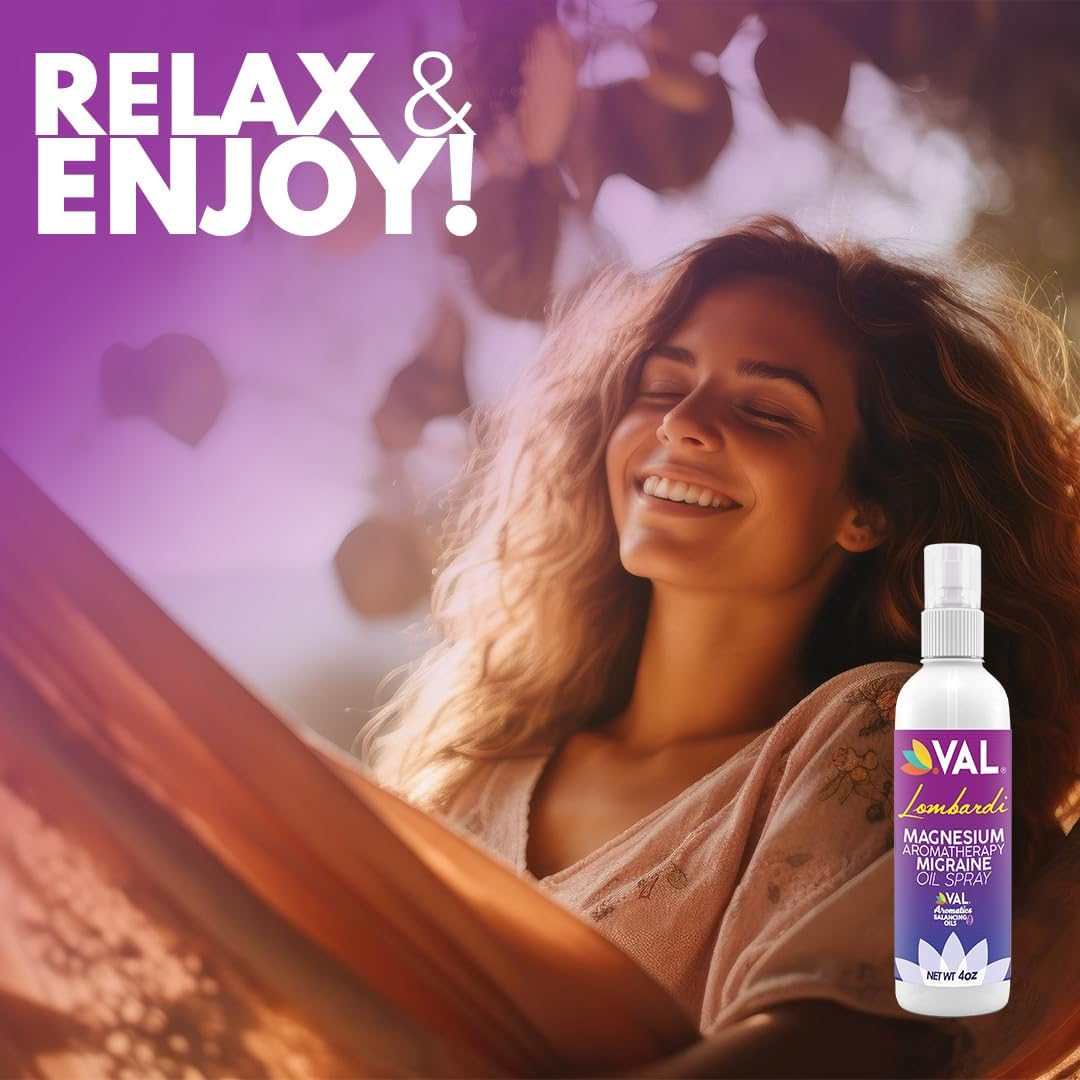 VAL Lombardi – Spray de aromaterapia de magnesio con menta y aceites esenciales, comodidad rápida para la tensión de la cabeza, fabricado en Estados