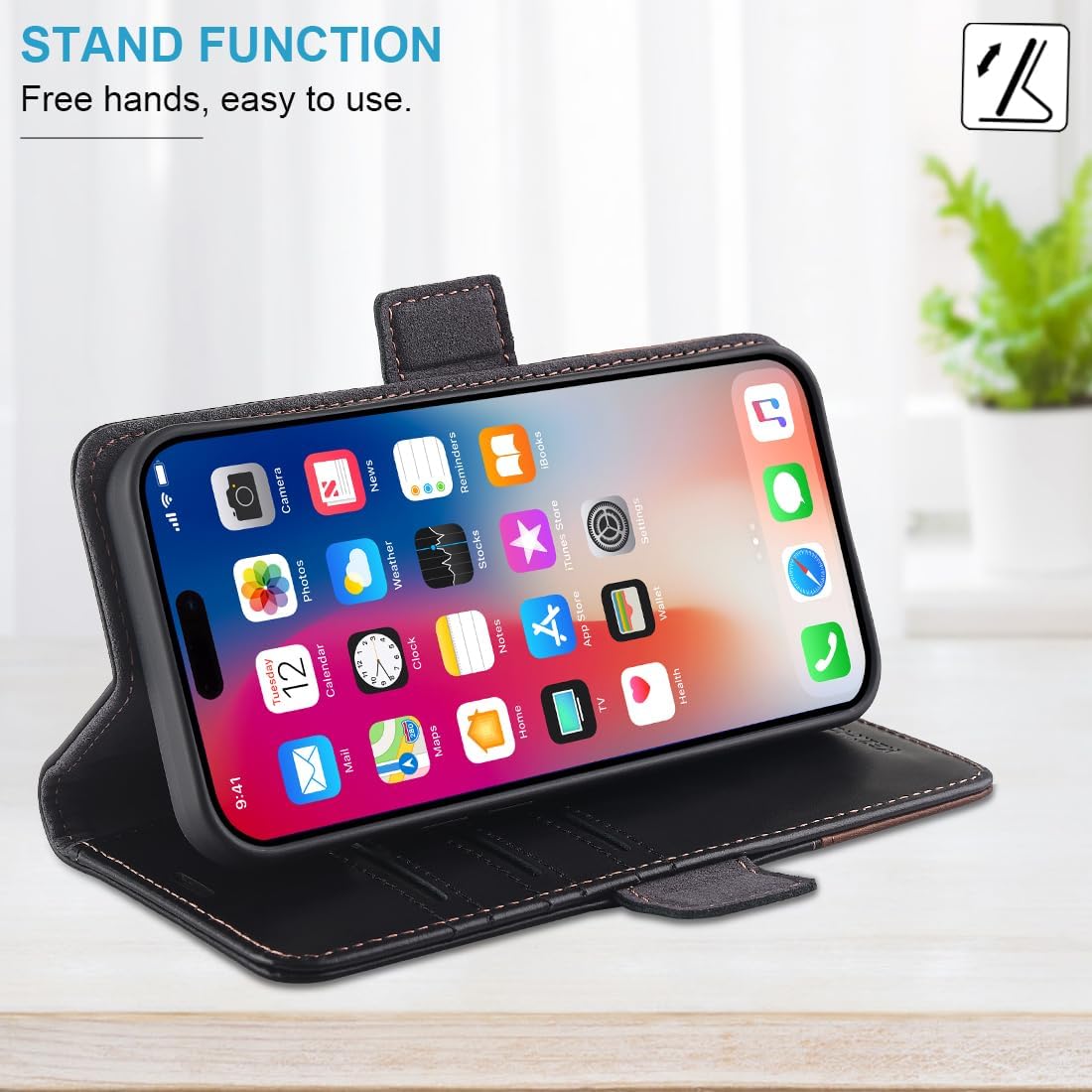 KEZiHOME Funda tipo cartera compatible con iPhone 15 Pro Max, piel auténtica bloqueo RFID para iPhone 15 Pro Max, ranura para tarjetas, soporte