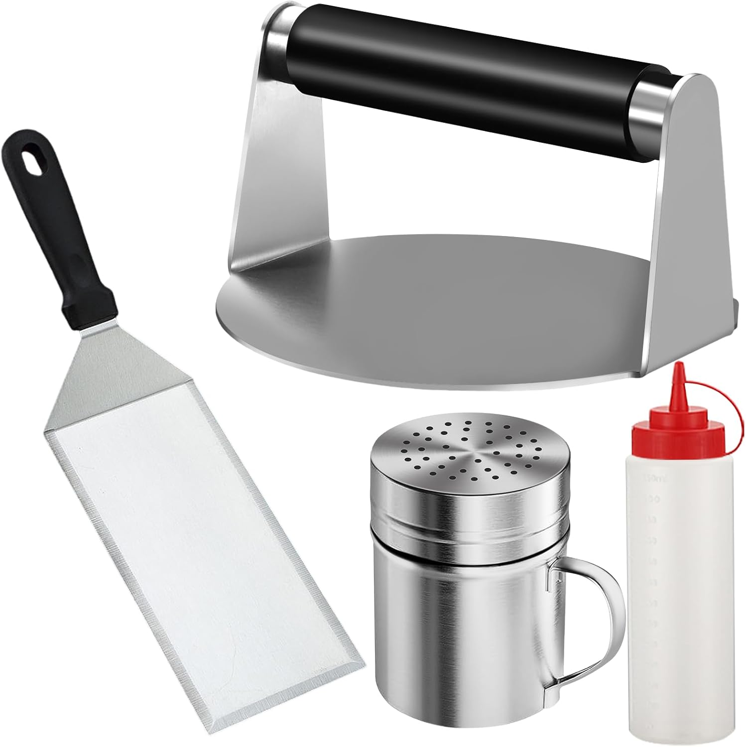 Juego de 4 accesorios de plancha para Blackstone, kit de prensa de hamburguesas de acero inoxidable, espátula para parrilla y coctelera de especias,