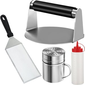 Juego de 4 accesorios de plancha para Blackstone, kit de prensa de hamburguesas de acero inoxidable, espátula para parrilla y coctelera de especias, Juego de 4 accesorios de plancha para Blackstone, kit de prensa de hamburguesas de acero inoxidable, espátula para parrilla y coctelera de especias,