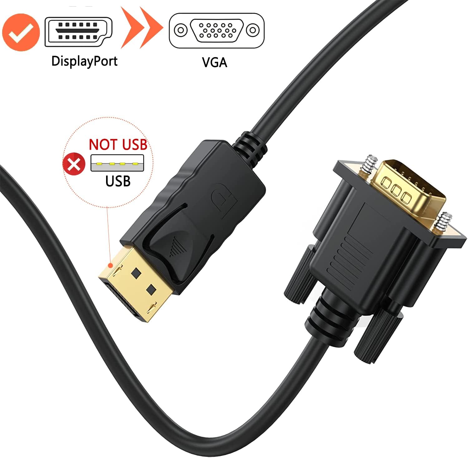 Cable DisplayPort a VGA de 5 pies, paquete de 10 unidades, adaptador DP a VGA macho a macho chapado en oro para computadora, laptop, TV, proyector,