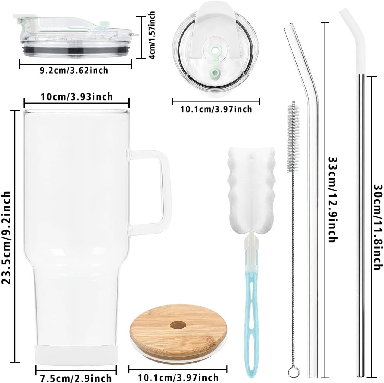 Vaso de vidrio con tapa y popotes, taza de vidrio de 40 onzas con asa, vasos para beber con posavasos de silicona, taza de agua de vidrio, taza de