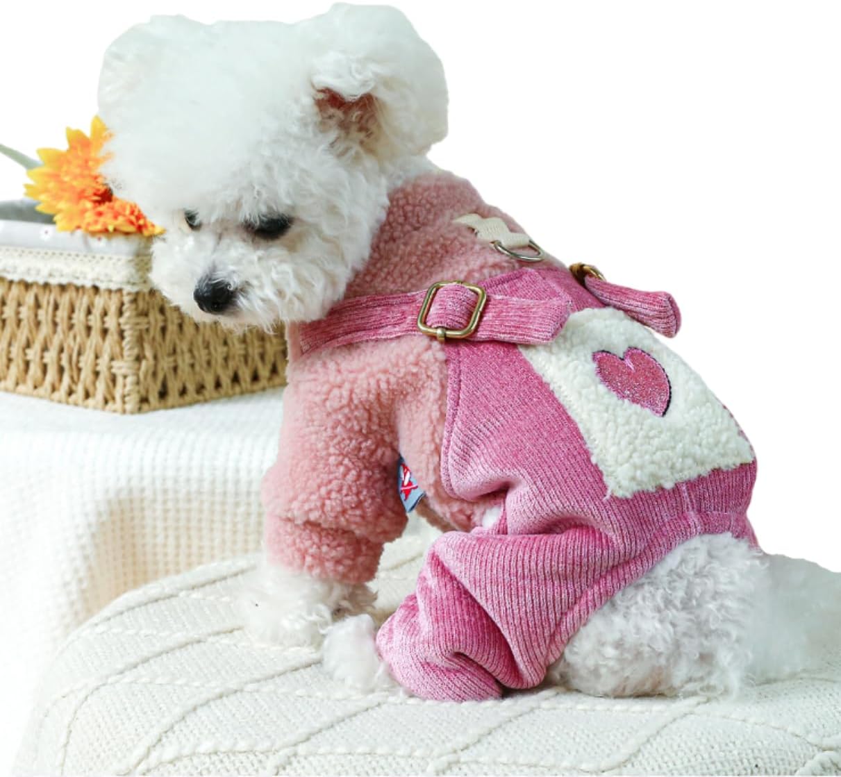 Ropa para cachorros, pijamas para perro, trajes de invierno, abrigo para perros pequeños, overol de forro polar con patrón de corazón, pantalones de
