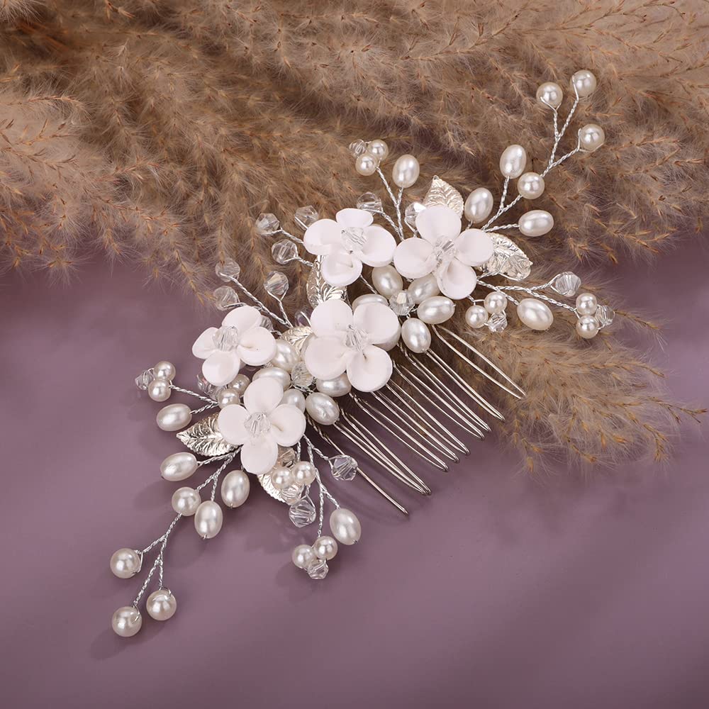Peine de pelo de boda de flores, hojas de novia, perlas, peine lateral dorado y plateado con perlas de cristal, accesorios para el cabello para
