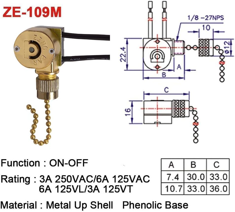 Interruptor de ventilador de techo Zing Ear ZE-109M Interruptor de cable de cadena de tracción para ventiladores de techo lámparas y luces de pared,