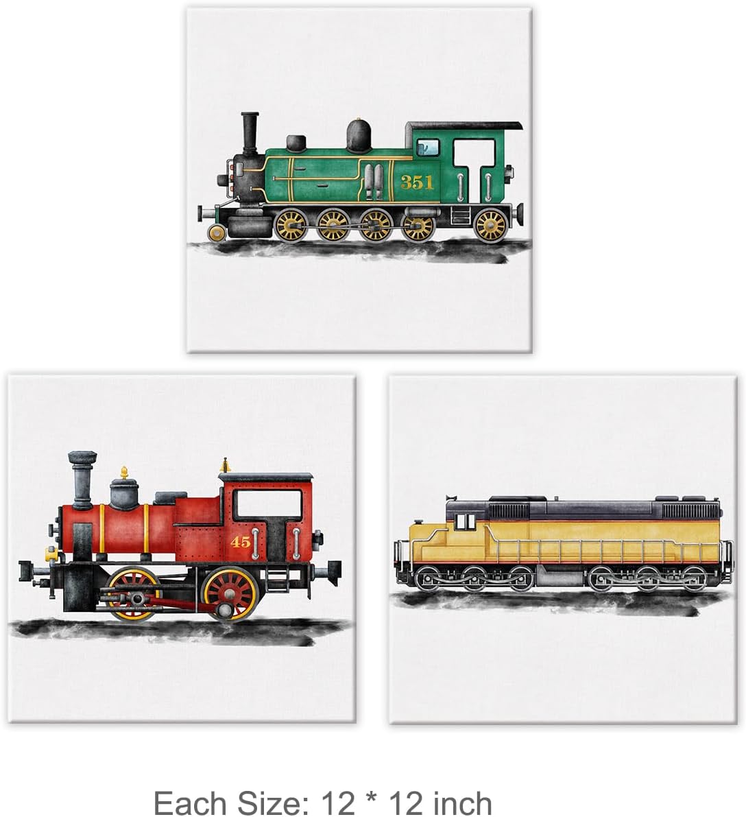 Juego de 3 lienzos artísticos de tren de vapor para cuarto de bebé, arte de pared, pinturas enmarcadas, impresiones de acuarela, locomotora de