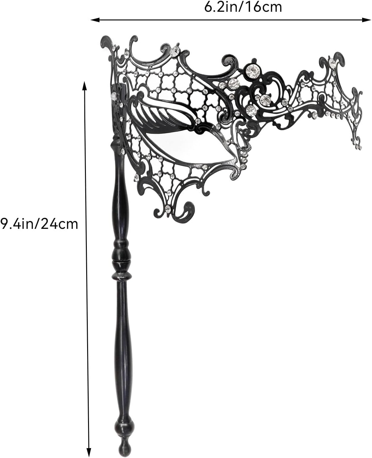 Thmyo Máscara veneciana de fiesta de Mardi Gras de Halloween con palo de sujeción, máscara de mano con plumas de metal y diamantes de imitación