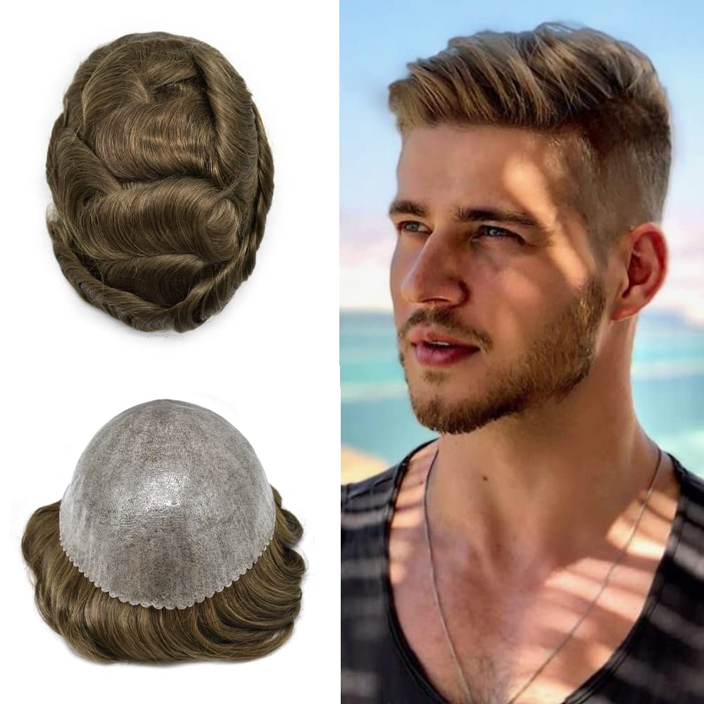 Toupee – Sistema de cabello para hombre, 0.004 in, piel de poliéster completo, para hombres, sistema de reemplazo de cabello humano real, protesis