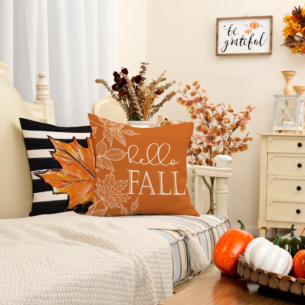 Juego de 4 fundas de almohada decorativas de otoño de 20 x 20 pulgadas, diseño de rayas de hojas de arce con diseño de calabaza de Hello para